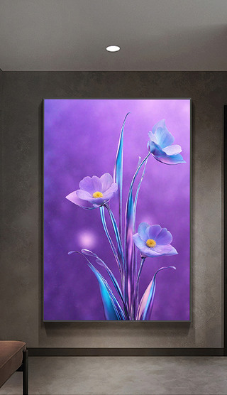 紫色蓝色现代玻璃花卉装饰画入户过道玄关挂画餐厅画