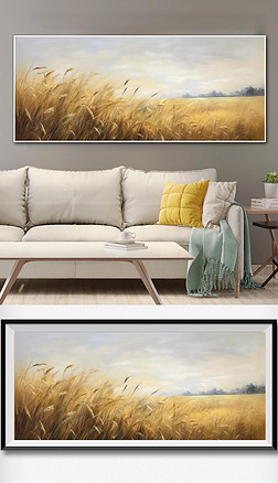 金色麦浪麦穗装饰画抽象客厅餐厅壁画手绘北欧稻田风景油画质感挂画
