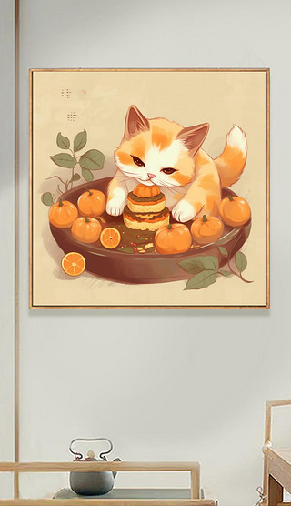现代手绘可爱小猫咪午睡柿子柿柿如意创意趣味客厅卧室背景墙装饰画