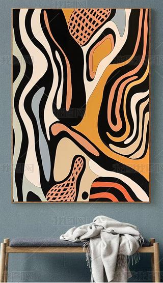 现代时尚大气简约流畅线条黑白条纹抽象艺术时尚客厅玄关装饰画