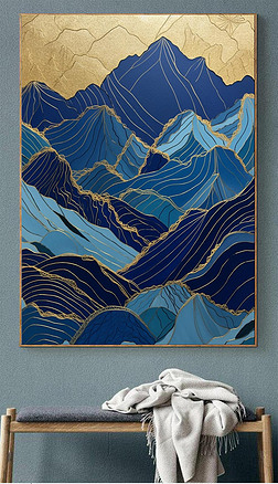 蓝色基调新中式山峰层叠金色线条轻奢高级质感手绘艺术客厅沙发卧室装饰画