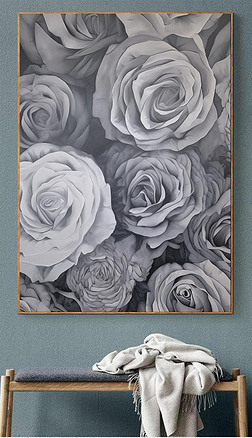 手绘油画复古立体质感背景白色玫瑰平铺优雅餐厅背景墙装饰画