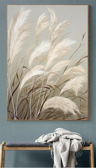 手绘秋天唯美芦苇花走廊过道挂画原木风落地客厅装饰画诧寂风入户玄关