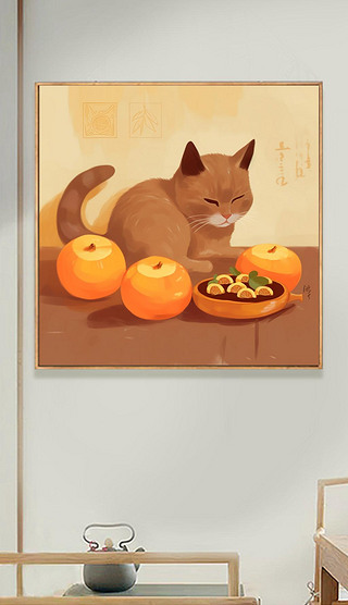 现代手绘可爱小猫咪午睡柿子柿柿如意创意趣味客厅卧室背景墙装饰画