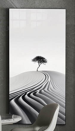 黑白单色沙漠之树轻奢极简玄关装饰画四