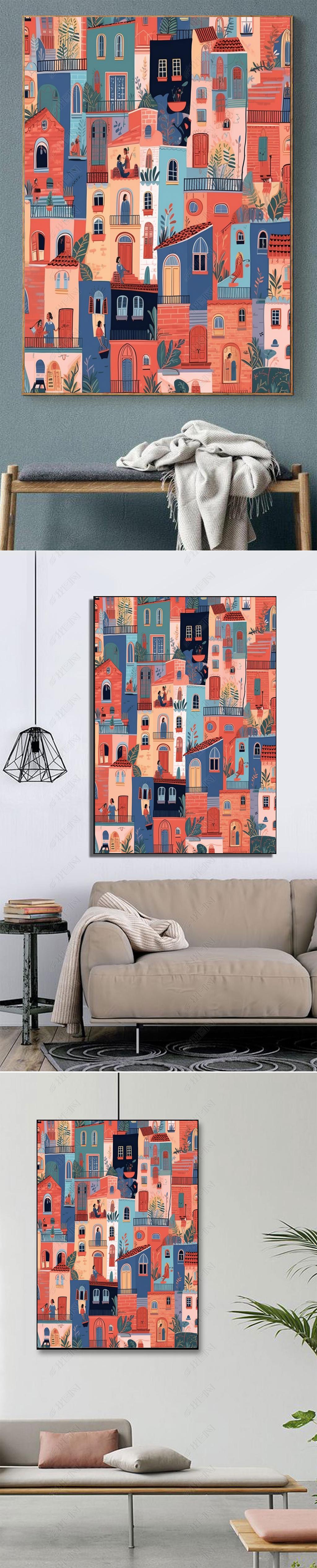 手绘多巴胺彩色建筑外立面趣味人物个性创意玄关装饰画