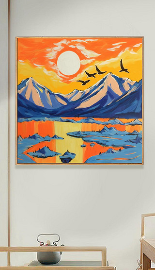 现代手绘个性多巴胺彩色丙烯撞色山脉餐厅背景墙装饰画