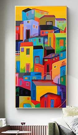 意式建筑风景竖版玄关过道装饰画多巴胺色彩客厅肌理手绘油画壁画