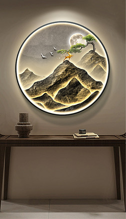 新中式轻奢灯带画抽象山水一鹿高升圆形装饰画2