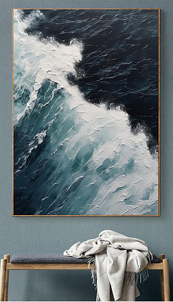 纯手绘油画蓝色大海浪花高级感抽象风景装饰画纯手工立体