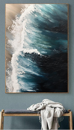 纯手绘油画蓝色大海浪花高级感抽象风景装饰画纯手工立体