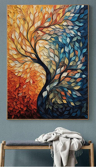 渐变油画彩色叶子肌理手绘艺术质感个性玄关装饰画