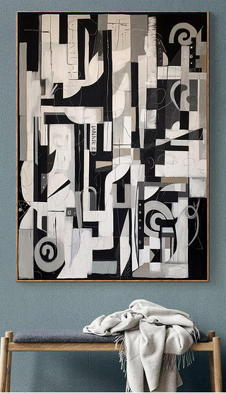 手绘油画黑白几何玄关装饰画现代简约客厅沙发背景墙抽象艺术挂画