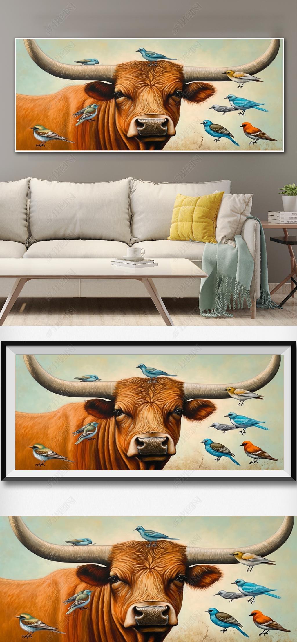 原创手绘油画卡通生肖牛装饰画牛气冲天横版挂画-版权可商用