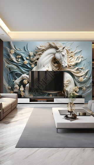 骏马石膏浮雕壁画白马电视背景墙