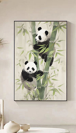 黑白熊猫节节高玄关装饰画ins风竹子可爱过道画