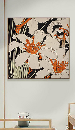 抽象百合手绘油画客厅餐厅装饰画法式复古线条花卉玄关挂画正方形