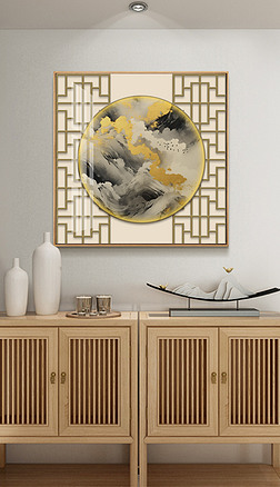 新中式轻奢灯带画抽象山水一鹿高升圆形装饰画
