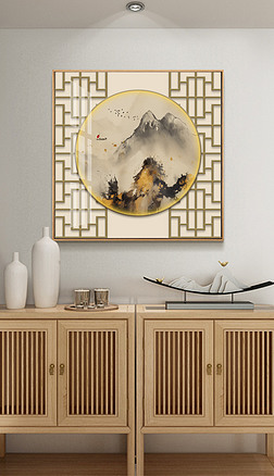 新中式轻奢灯带画抽象山水一鹿高升圆形装饰画