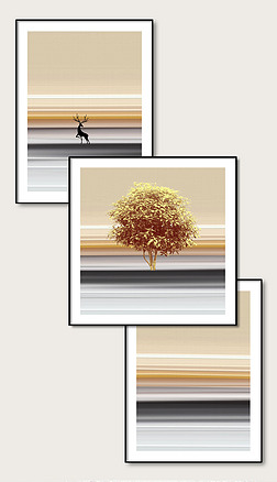 现代抽象意境风景发财树麋鹿客厅背景三联装饰画