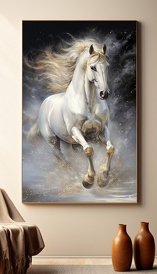 马到成功装饰画奔跑的大白马装饰画骏马挂画
