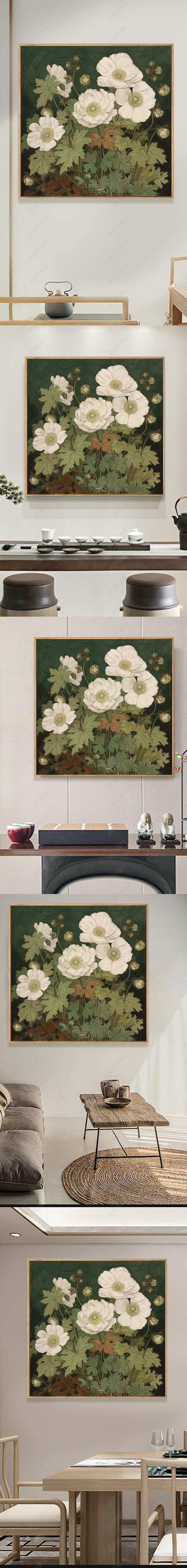 野棉花中古风花卉高级感正方形手绘油画入户玄关客厅卧室装饰画