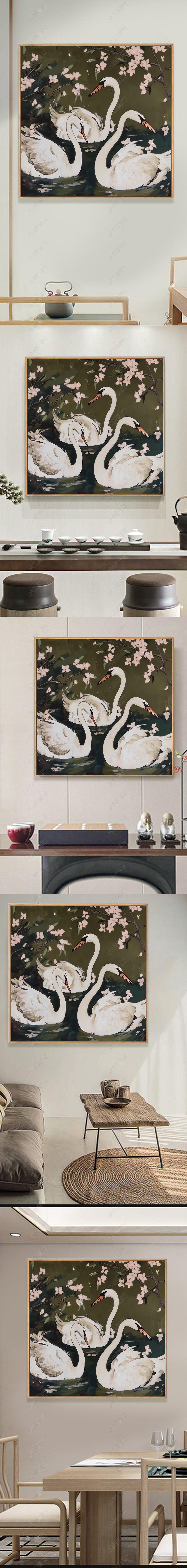 中古风天鹅墨绿色高级感正方形手绘油画入户玄关客厅卧室装饰挂画装饰