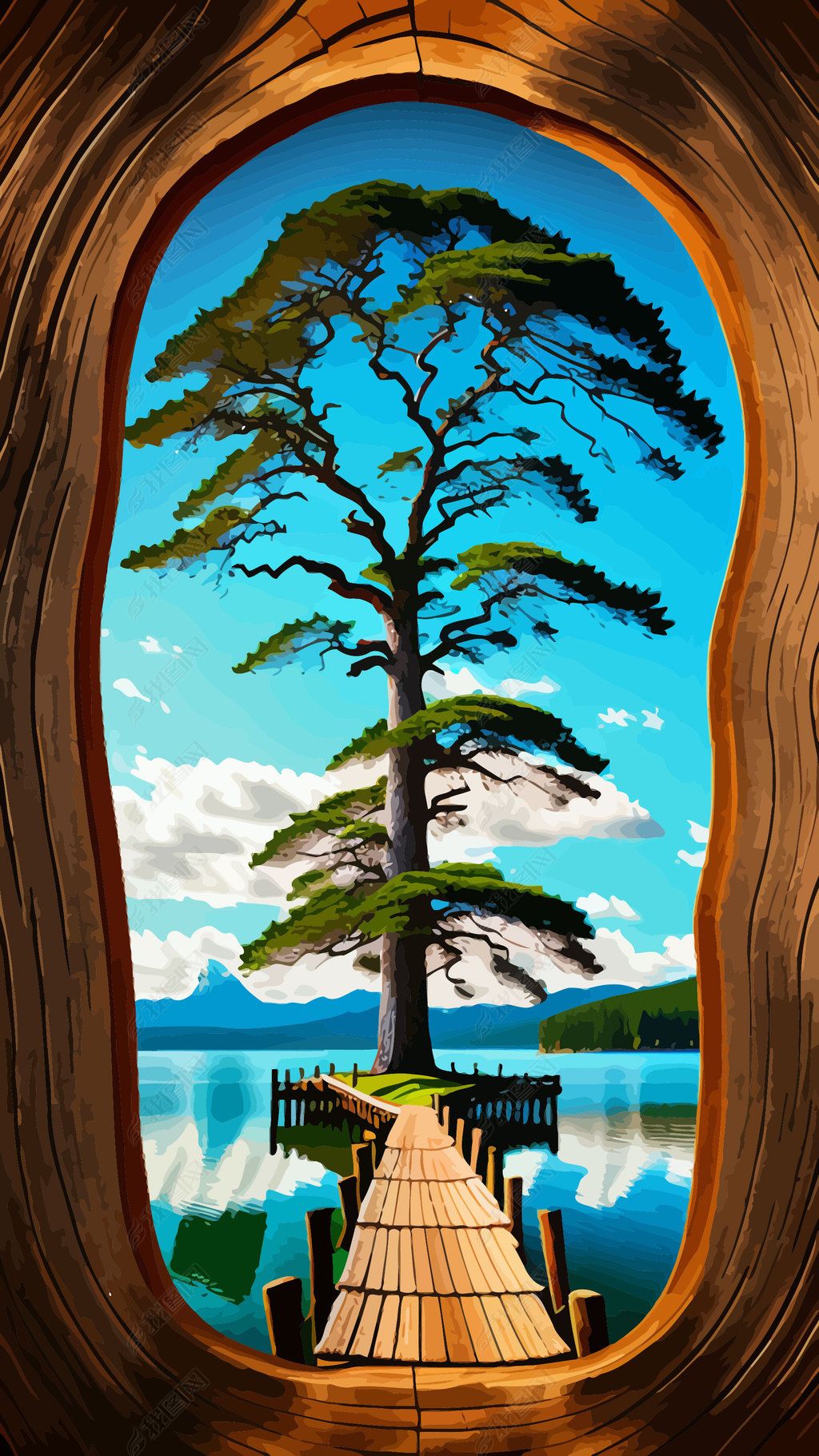 树洞风景插画木材树皮老树枯枝背景01