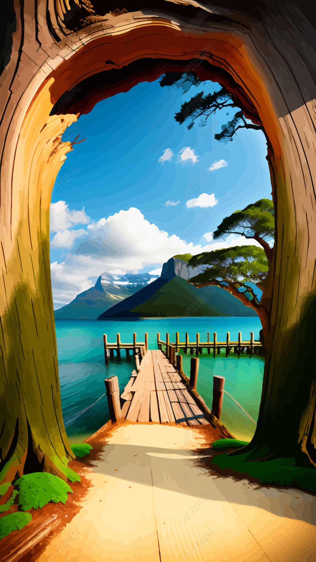 原创树洞风景插画木材树皮老树枯枝背景07-版权可商用