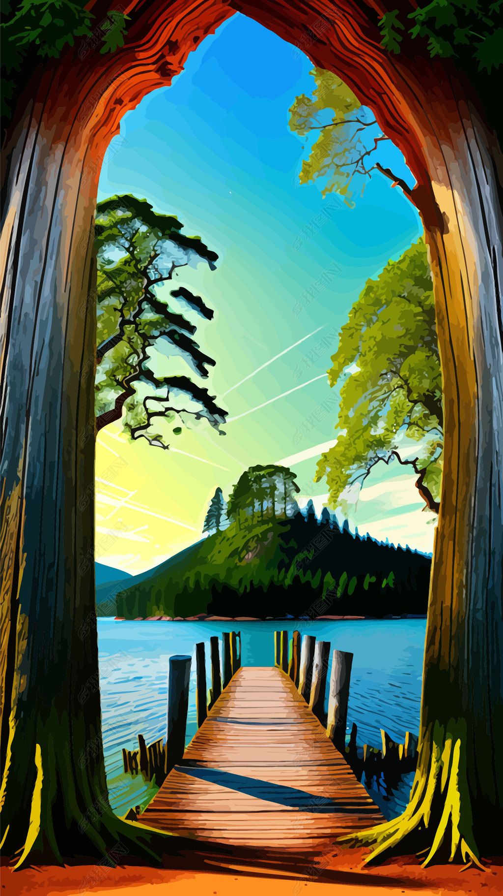 原创树洞风景插画木材树皮老树枯枝背景13