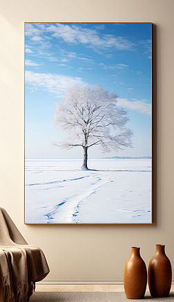 原创雪地里的大树风景画大树装饰画摄影树雾凇摄影