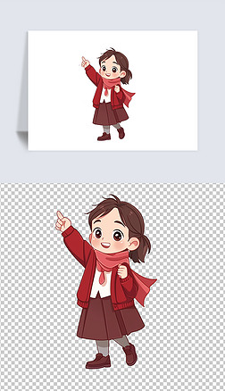 红色卡通风格敬礼打招呼的儿童学生插画免抠素材