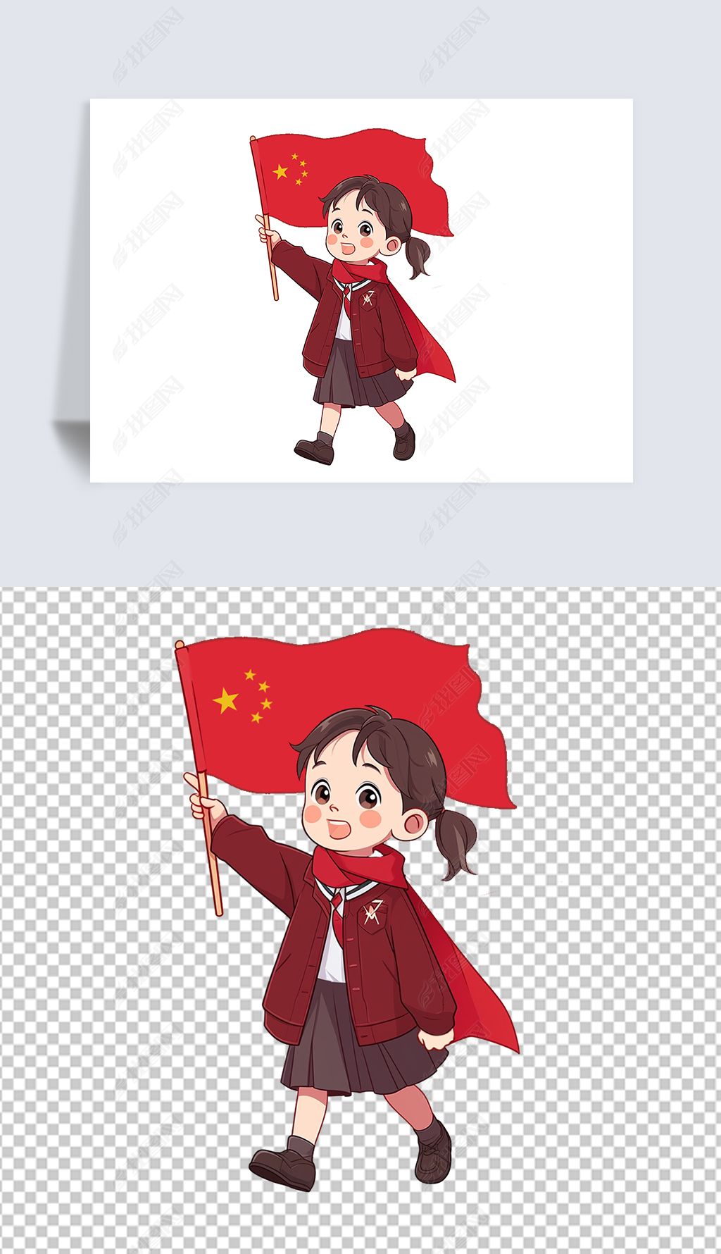 红色卡通风格敬礼打招呼的儿童学生插画免抠素材