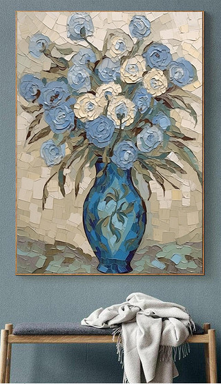 法式古典花瓶手绘油画抽象花卉肌理客厅装饰画奶油风入户玄关挂画