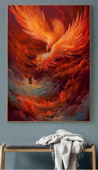 红色凤凰朱雀数字油画客厅玄关手绘丙烯装饰画