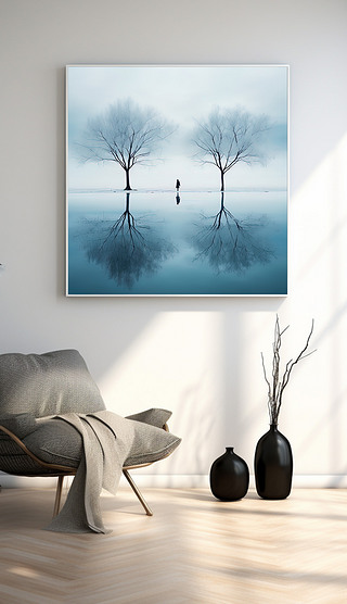 原创水面大树装饰画冷色调山水树木风景画山水画