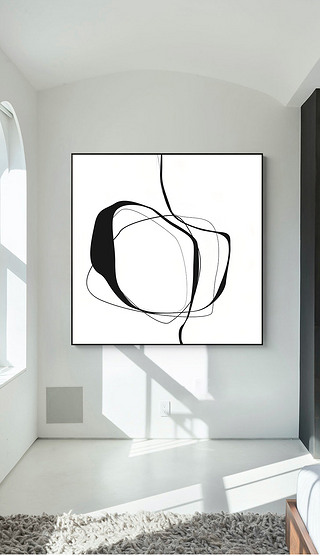 方形线条装饰画|现代极简风格黑白条纹线条抽象艺术方形装饰画