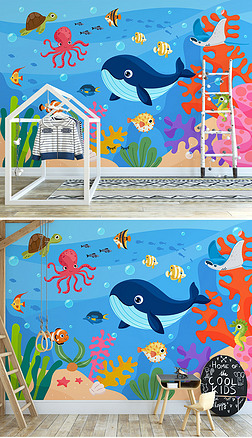 北欧ins手绘可爱海底鲸鱼卡通热带鱼儿童房背景墙
