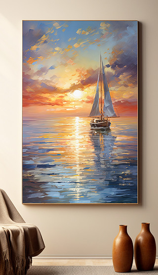 原创手绘海上日出装饰画海面太阳天空挂画油画风景