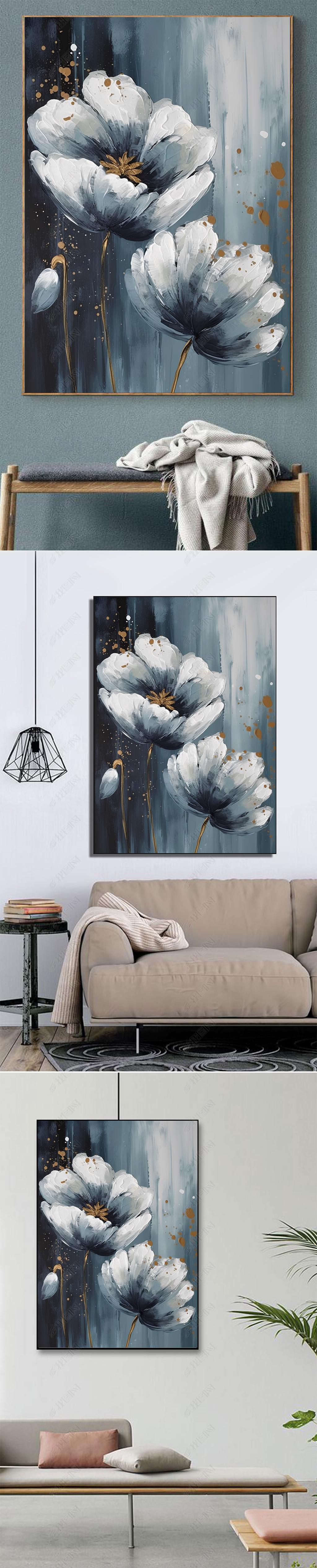 北欧风客厅装饰画肌理感蓝色花卉手绘沙发背景挂画现代玄关壁画