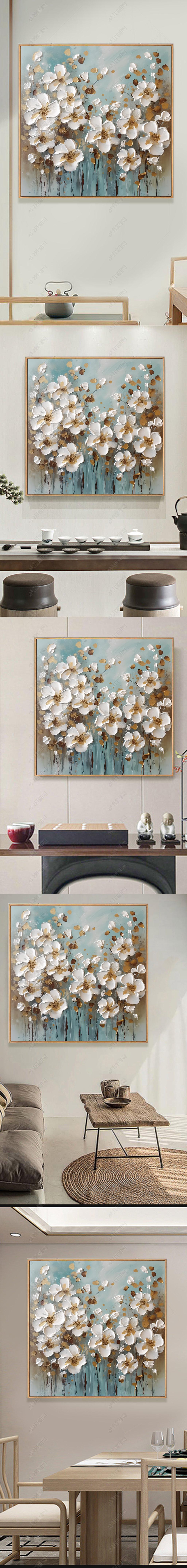 原创手绘玄关油画白色清新花朵现代轻奢餐厅装饰画正方形画