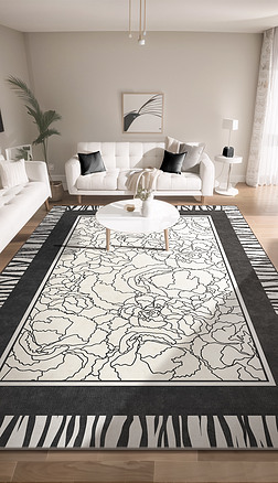 奶油风线描花卉地毯美拉德客厅地毯