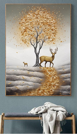 金箔油画发财树麋鹿寓意好高级轻奢大气玄关装饰画