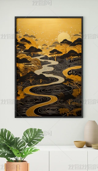 金色山水画金箔画图片大全-金色山水画金箔画背景图片-我图网
