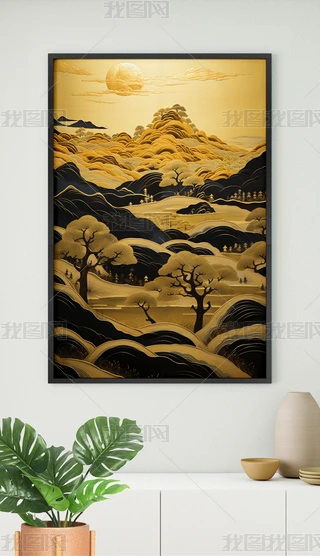 日本画　山水画　金箔背景 金色山水画金箔画图片大全-金色山水画金箔画背景图片-我图网