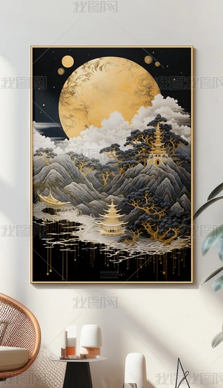 日本画 山水画 金箔背景