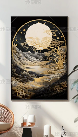 日本画　山水画　金箔背景 T40.jpg