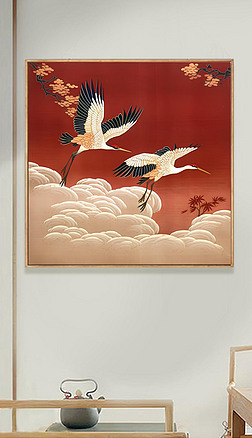 新中式轻奢客厅茶室书房玄关装饰画红色仙鹤祥云古风背景墙壁挂画