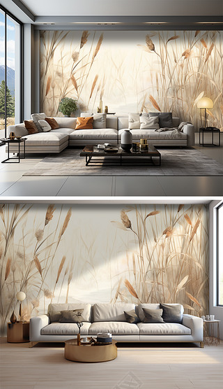 原创创意高端中式乡村芦苇风景沙发背景墙壁纸壁画