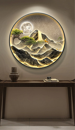 新中式轻奢灯带画抽象山水一鹿高升圆形装饰画3